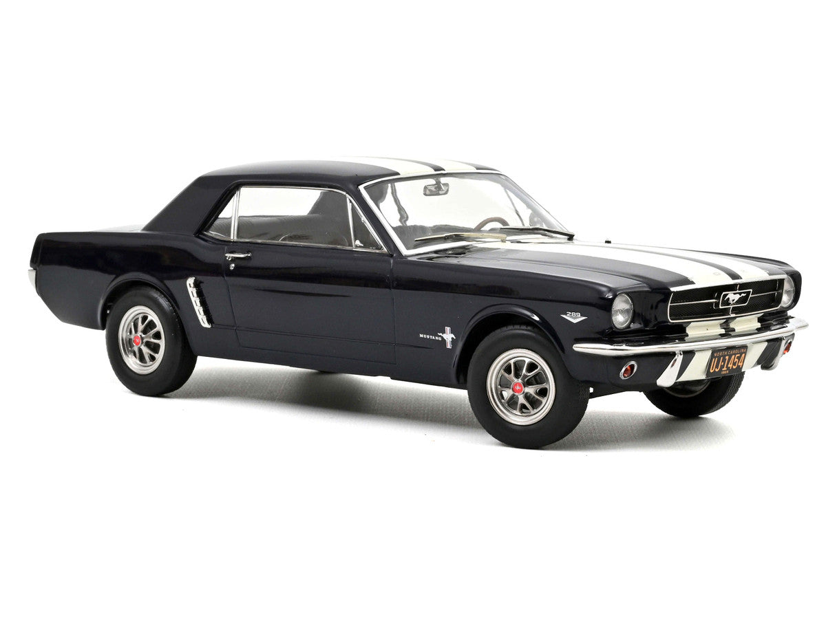 1965 Ford Mustang Hardtop Coupe Nightmist Blue Metallic with White Stripes 1/18 Diecast Model Car by Norev LuxuryLifeWay Online Store