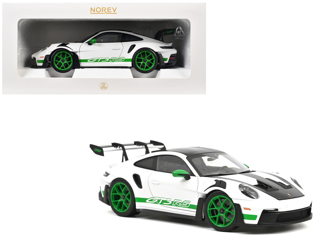 2022 Porsche 911 GT3 RS Weissach Pack White with Green Stripes And Carbon Hood and Top 1/18 Diecast Model Car by Norev LuxuryLifeWay Online Store