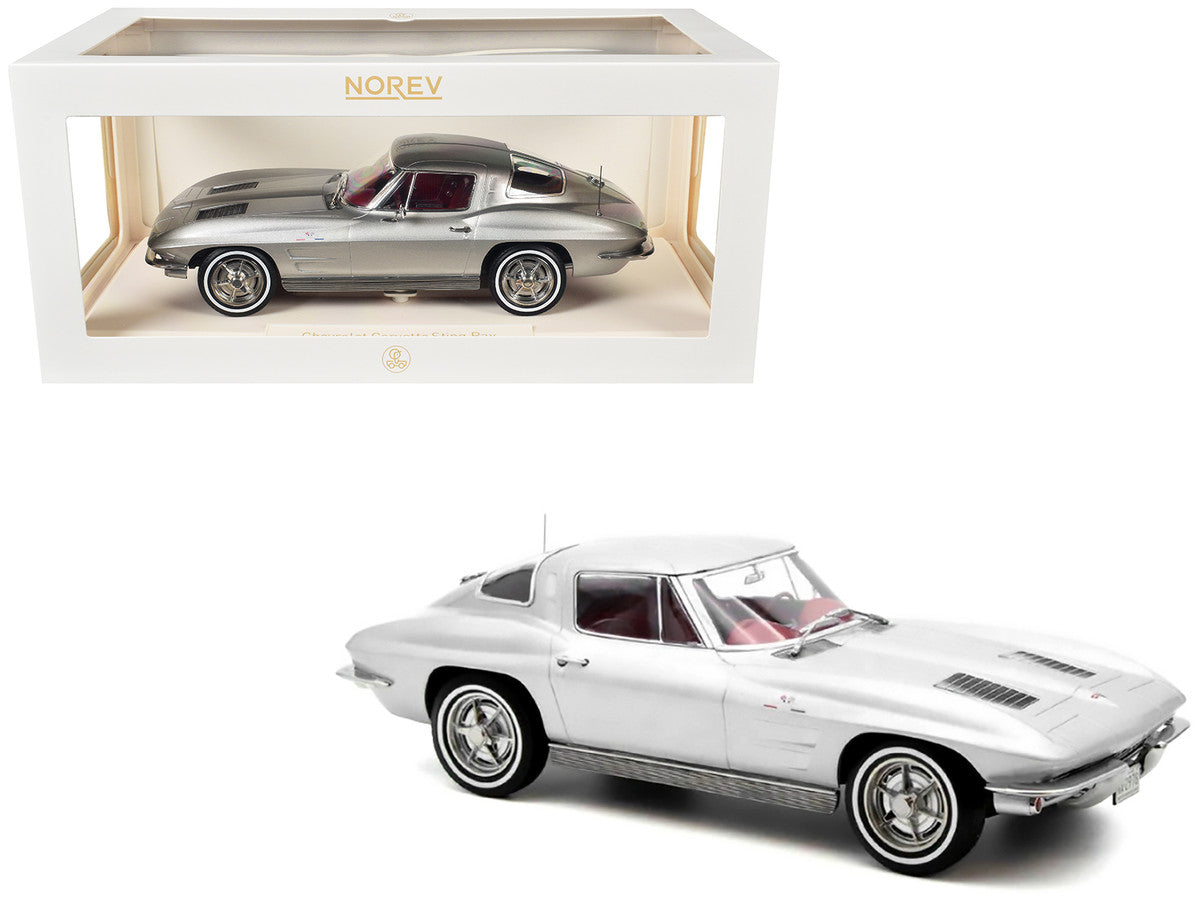 1963 Chevrolet Corvette Sting Ray Sebring Silver Metallic with Red Interior 1/18 Diecast Model Car by Norev LuxuryLifeWay Online Store