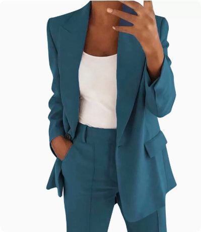 Ins Button Casual Suit Fashion Long-sleeved Lapel Blazer Jacket And Slim-fit Pocket Trousers For Women Clothing NorixaFashion.com