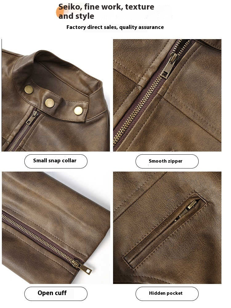 Short Leather Jacket Slim Brown Jacket Motorcycle Jacket LadyShow.Store