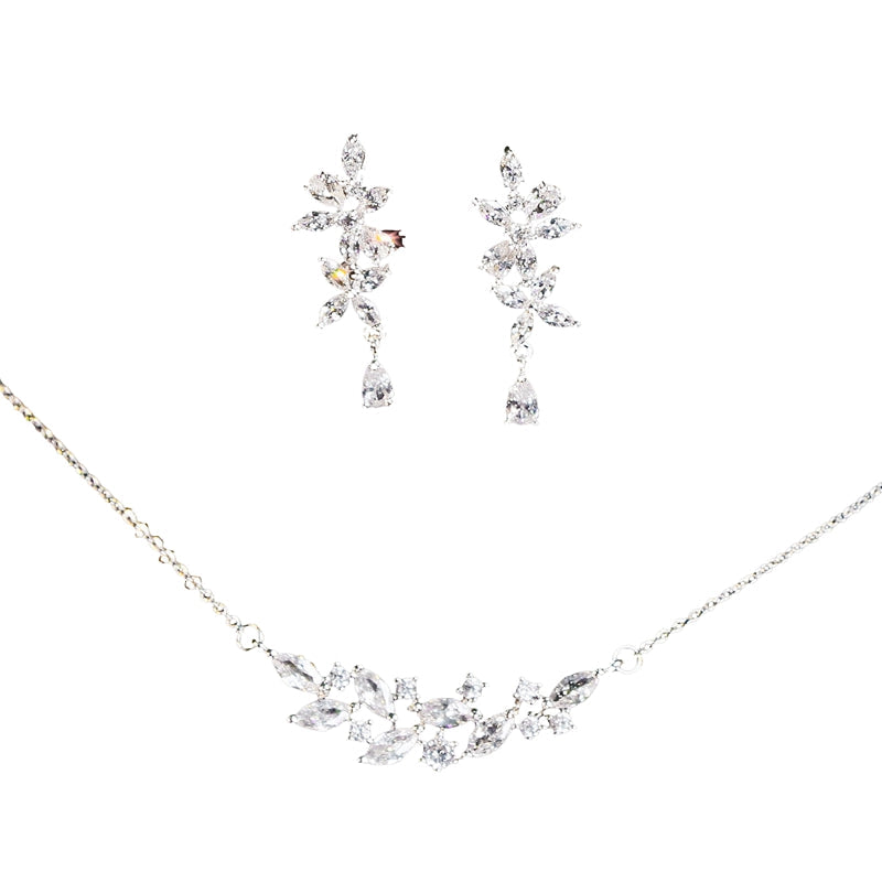French Exquisite Zircon Leaves Super Fairy Bridal Wedding Necklace Earrings LadyShow.Store