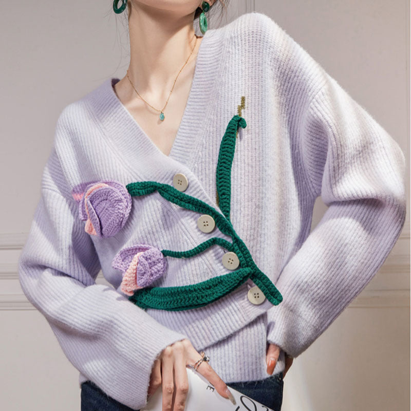 Embroidered Tulip Knitted Cardigan For Women Best YouTube Store