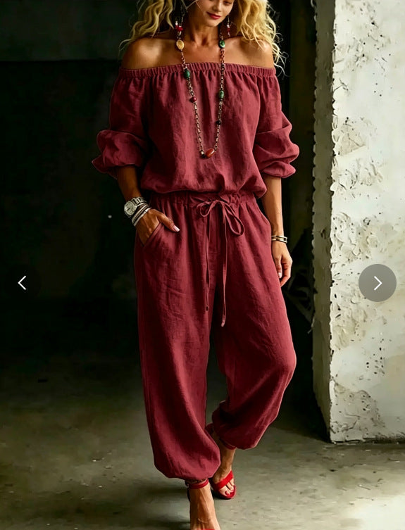 One-shoulder Top And Casual Drawstring Jogger Pants Jumpsuit Set NorixaFashion.com
