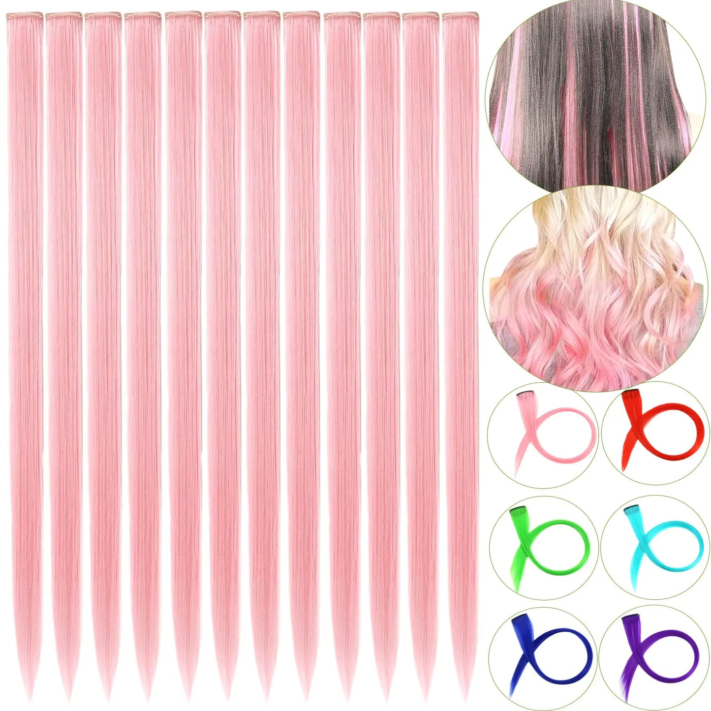 12 PCS Pink Hair Extensions Clip in 22" Colored Hair Extensions Highlights Colorful Hair Extensions Synthetic Straight Hair Piece DIY Hair Accessories on Daily Party (Pink)