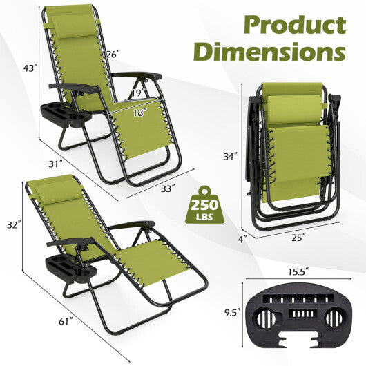Set of 2 Portable Zero Gravity Chairs with Cup Holder Trays and Backrest -Green LuxuryLifeWay Online Store