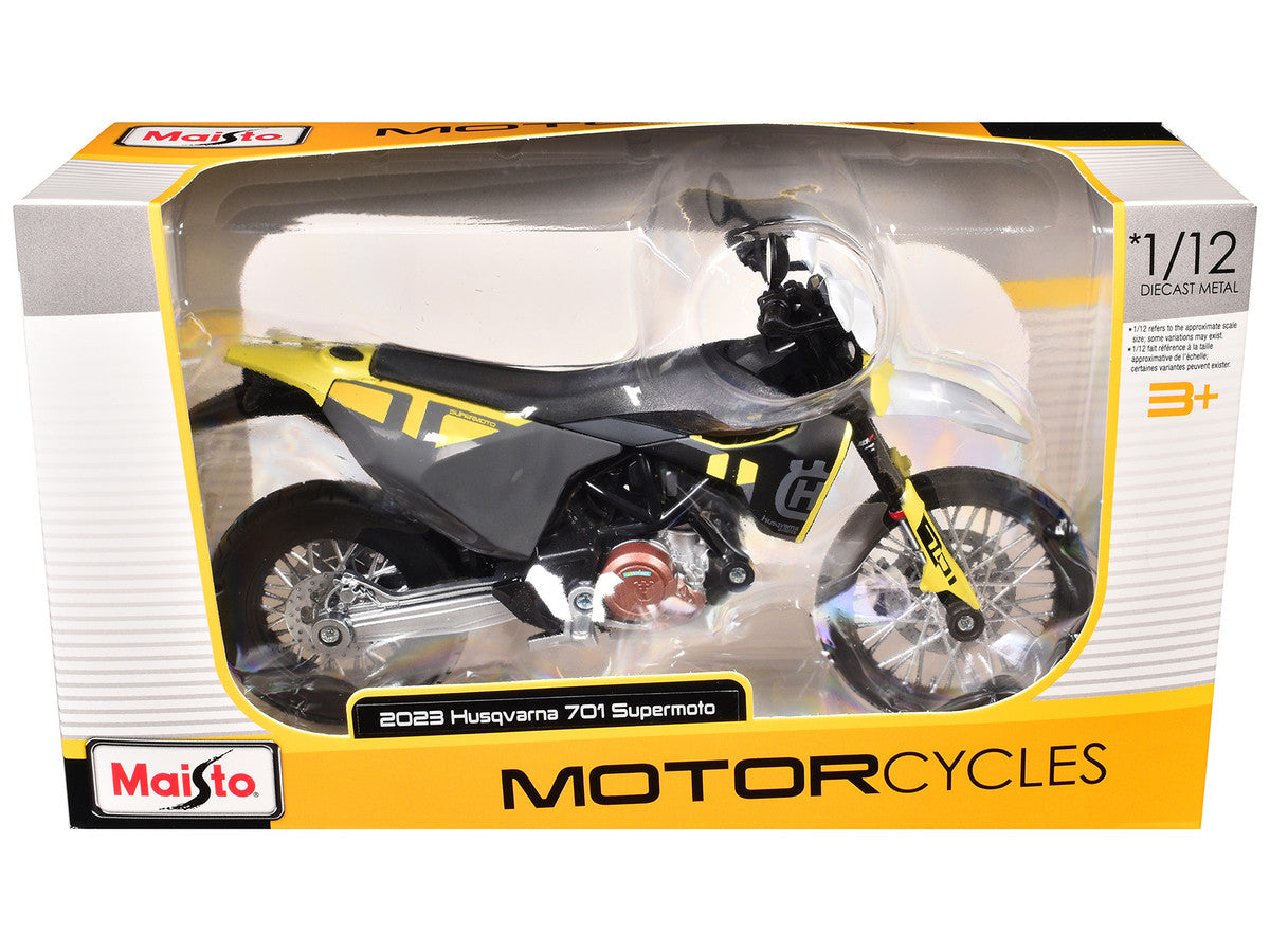 2023 Husqvarna 701 Supermoto Motorcycle Matt Black and Gray with Yellow and White Accents 1/12 Diecast Motorcycle Model by Maisto LuxuryLifeWay Online Store