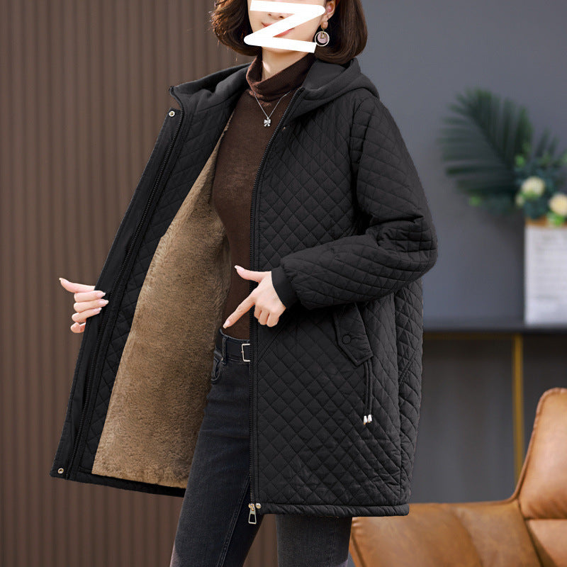 Women's Rhombus Cotton-padded Mid-length Loose Fleece-lined