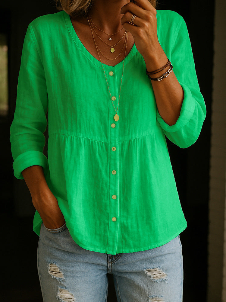 Casual Loose Fashion Cotton And Linen Long Sleeve V-neck Buttons Shirt NorixaFashion.com