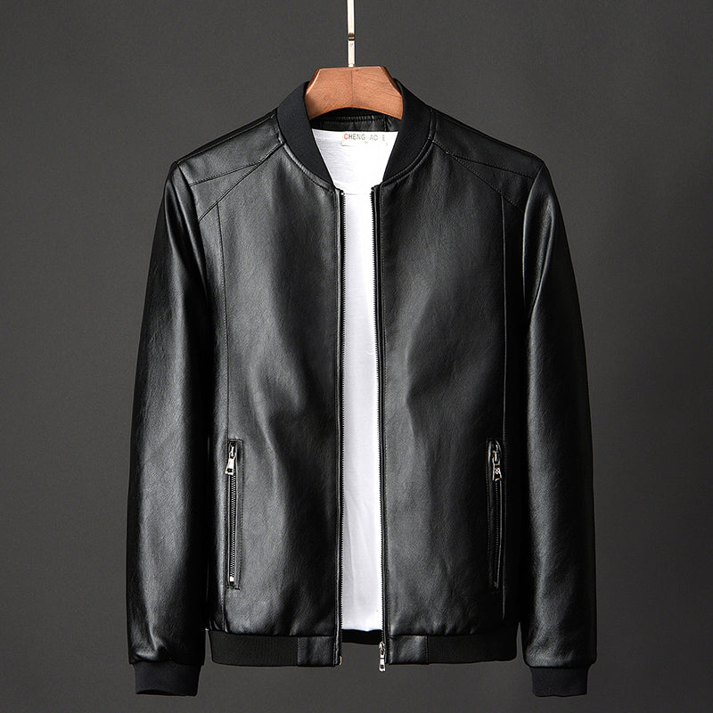 Slim Fit Men's PU Leather Jacket - Stand Collar Motorcycle Style Jacket (Regular Length)