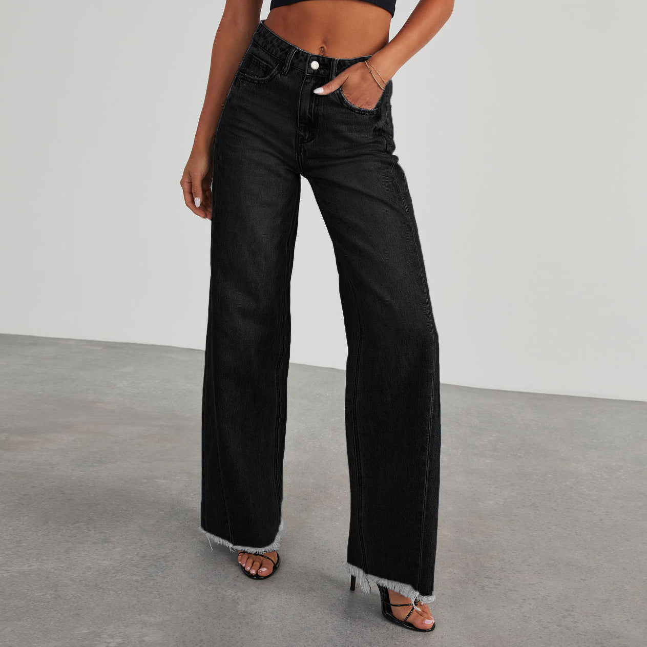 Fashion High Waist Jeans With Pockets Comfortable Slim Fit Straight Wide-leg Pants Womens Clothing LadyShow.Store