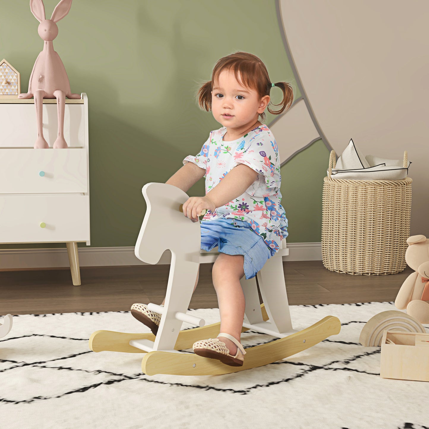 3-in-1 Kids Portable Slide Rocking Horse Toy with Basketball Hoop for Age 1.5-3 Boys and Girls