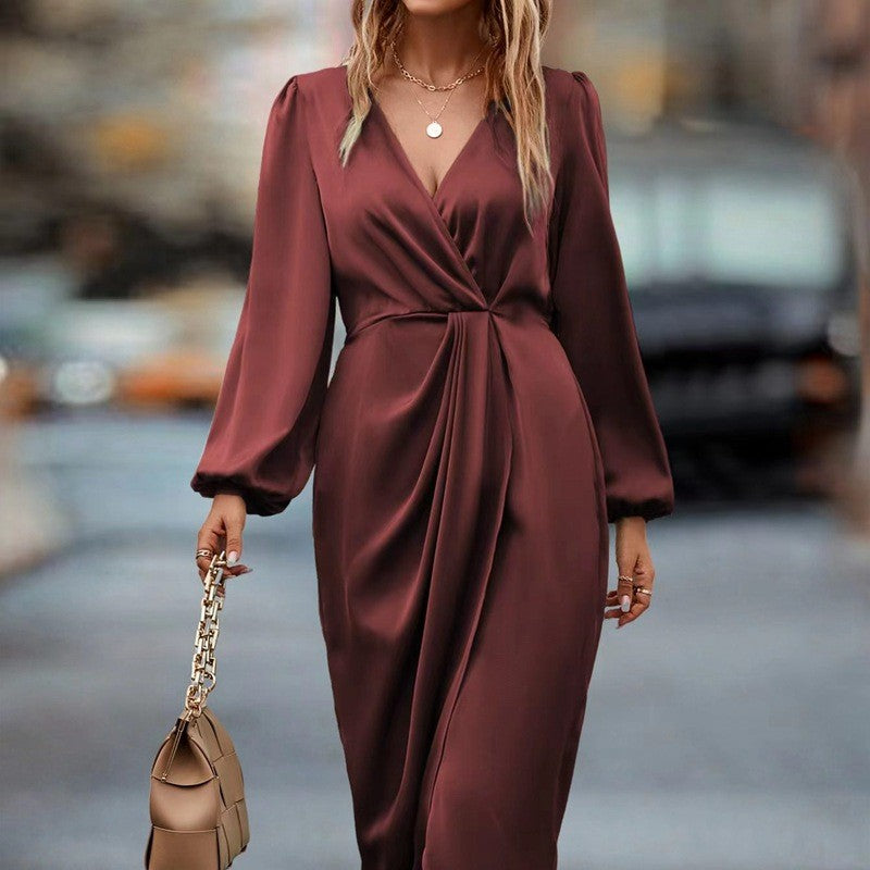 Temperament Pure Color Waist-tight Split V-neck Dress Women LadyShow.Store