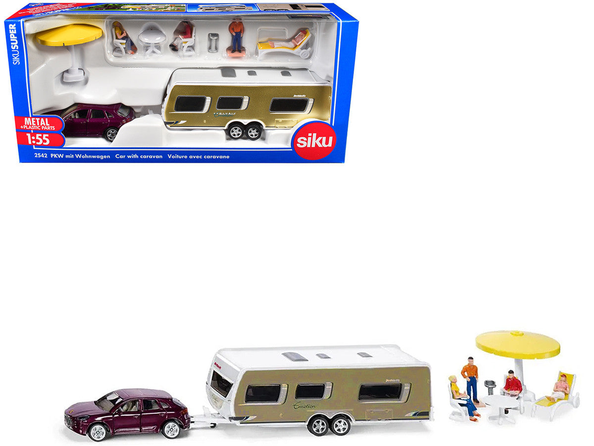 Porsche Macan Turbo Maroon Metallic and Dethleffs Exclusiv Emotion Caravan with Figures and Camp Accessories Set 1/55 Diecast Model by Siku LuxuryLifeWay Online Store