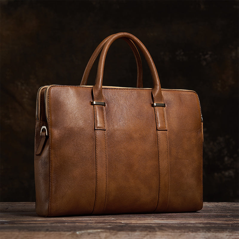 Vintage Vegetable Tanned Leather Men's First Layer Cowhide Casual Business Handbag LuxuryLifeWay Online Store