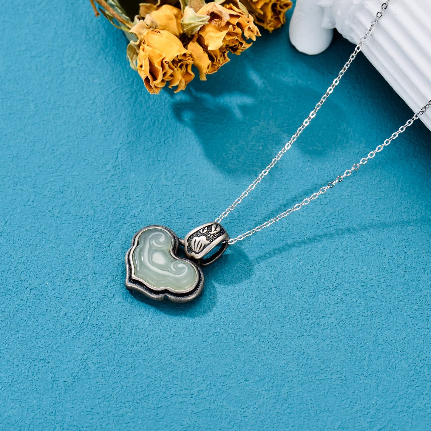 Vintage Heart Jade Pendant Necklace Sterling Silver Boho Antique Necklace Jewelry Gifts for Women Girls Wife Girlfriend Lover Her LadyShow.Store