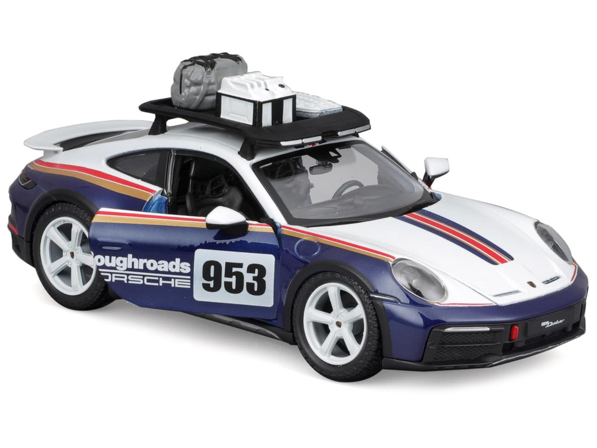 Porsche 911 Dakar #953 "Roughroads Porsche" Blue and White with Stripes and Roof Rack "Race" Series 1/24 Diecast Model Car by Bburago LuxuryLifeWay Online Store