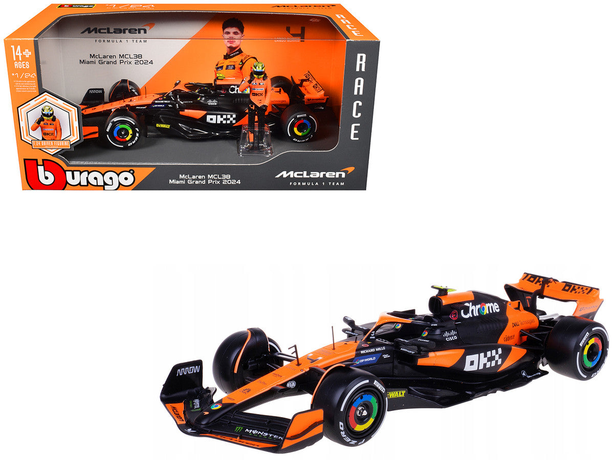 McLaren MCL38 #4 Lando Norris "OKX" Winner Formula One F1 "Miami GP" (2024) with Driver Figure "Race" Series 1/24 Diecast Model Car by Bburago LuxuryLifeWay Online Store