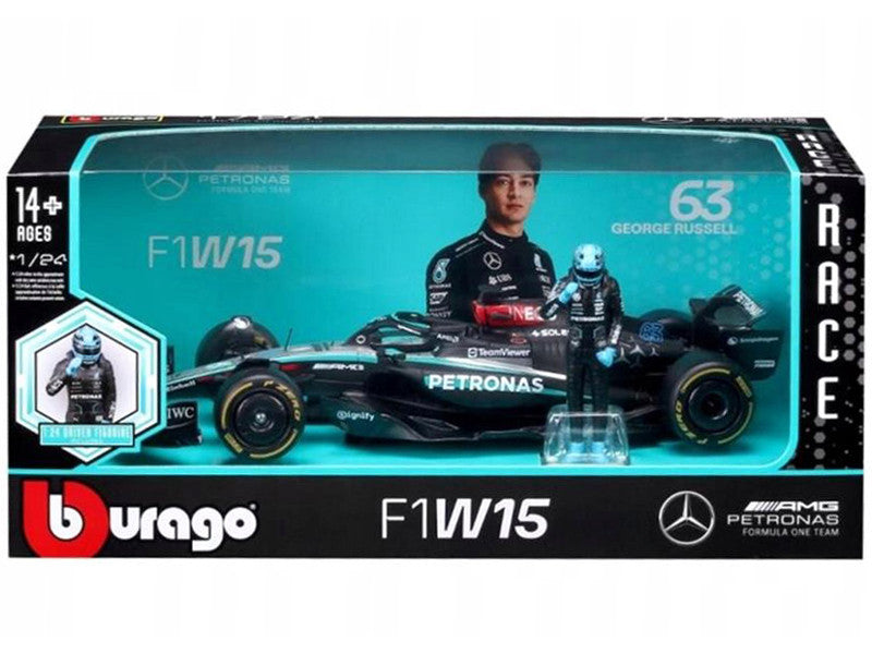 Mercedes-AMG F1 W15 E Performance #63 George Russell "Petronas" Formula One F1 Championship World Championship (2024) with Driver Figure 1/24 Diecast Model Car by Bburago LuxuryLifeWay Online Store
