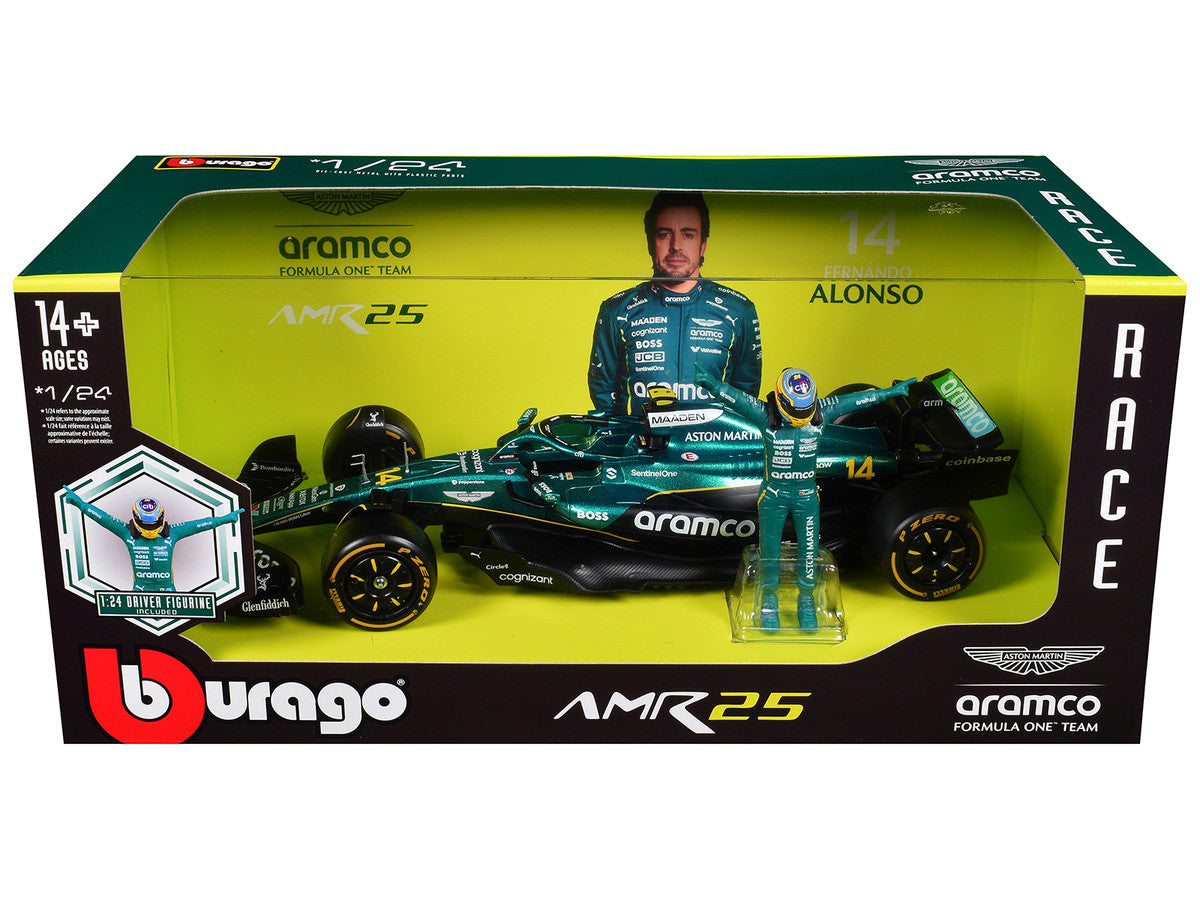 Aston Martin AMR25 #14 Fernando Alonso "Aramco" Formula One F1 "World Championship" (2025) with Driver Figure 1/24 Diecast Model Car by Bburago LuxuryLifeWay Online Store