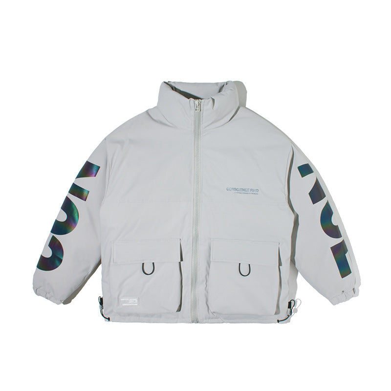 Reflective hot film printing black technology bread coat men's trend men's cotton coat CJD