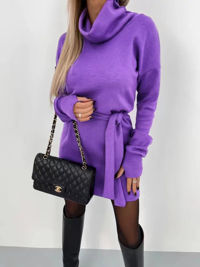High Collar Belt Fashion Long Sleeve Skirt NorixaFashion.com