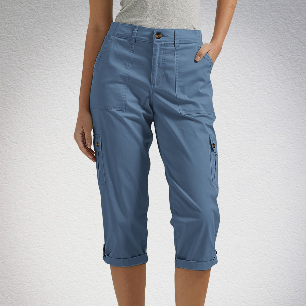 Solid Color Casual Cropped Pants - Women's High Waist Multiple Pockets Capri Trousers for Daily Wear NorixaFashion.com