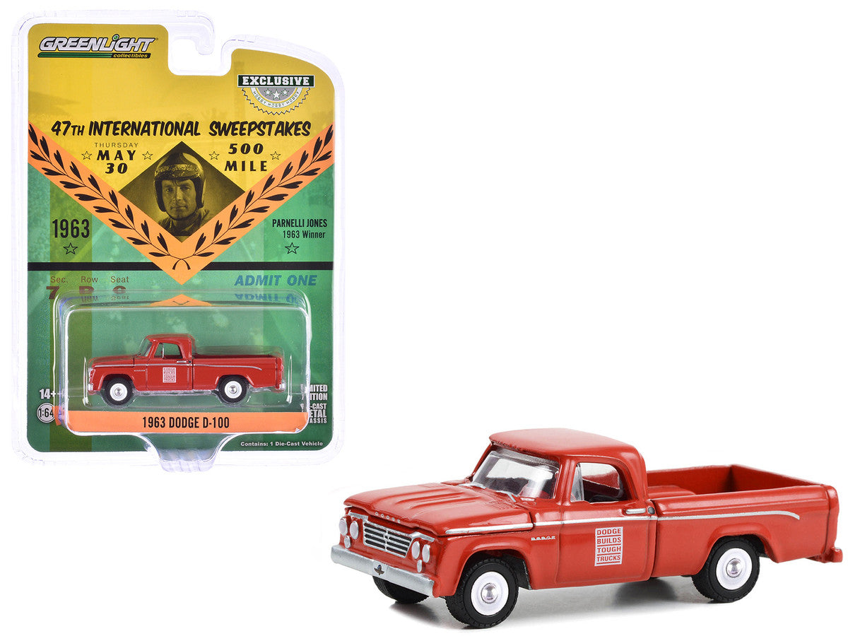 1963 Dodge D-100 Pickup Truck "47th International 500 Mile Sweepstakes - Indianapolis 500 Official Truck" Red "Hobby Exclusive" Series 1/64 Diecast Model Car by Greenlight LuxuryLifeWay Online Store