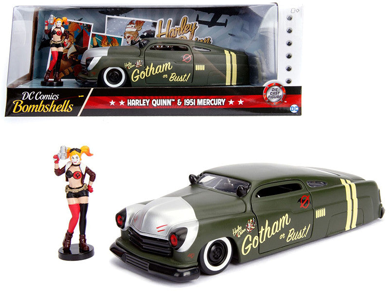 1951 Mercury Matt Green with Harley Quinn Diecast Figurine "DC Comics Bombshells" Series 1/24 Diecast Model Car by Jada LuxuryLifeWay Online Store