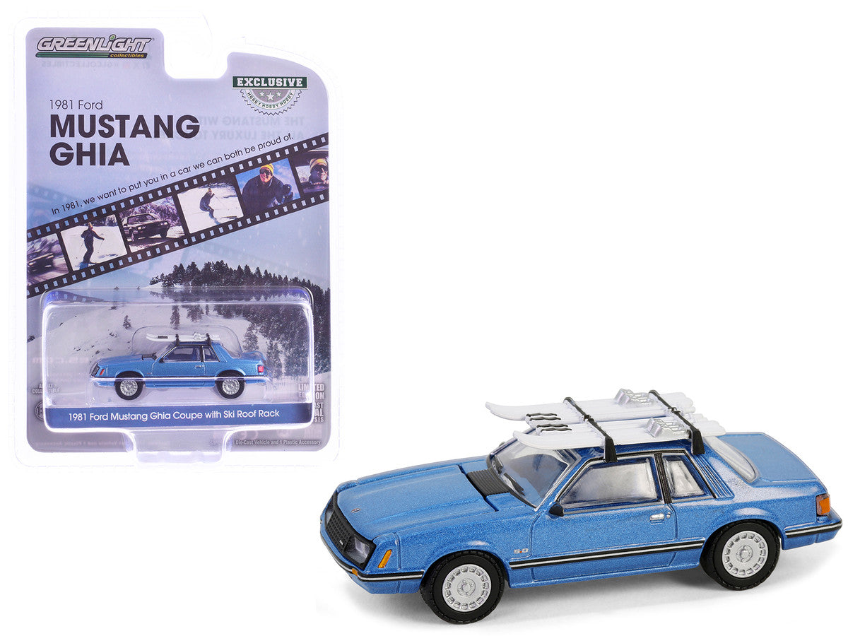 1981 Ford Mustang Ghia Coupe Blue Glow Metallic with Ski Roof Rack "Hobby Exclusive" Series 1/64 Diecast Model Car by Greenlight LuxuryLifeWay Online Store