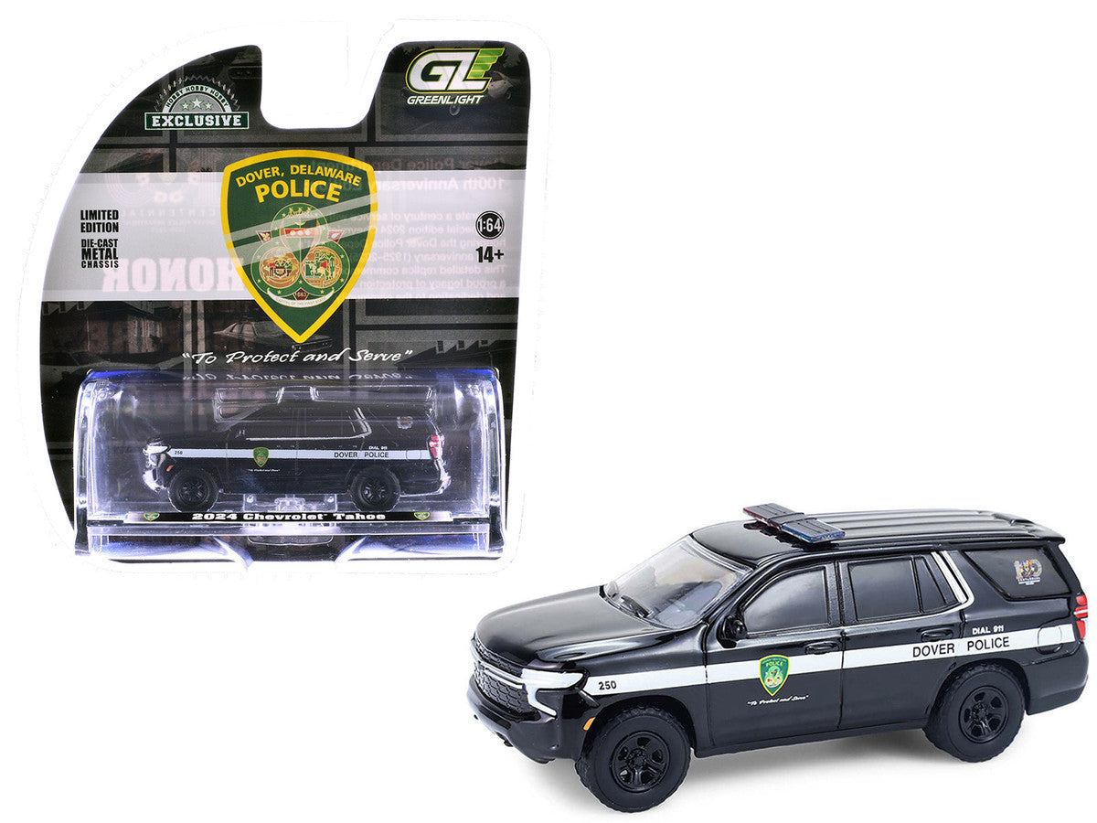 2024 Chevrolet Tahoe Police Pursuit Vehicle "Dover Police – 100th Anniversary Edition" Black with White Stripes "Hobby Exclusive" Series 1/64 Diecast Model Car by Greenlight LuxuryLifeWay Online Store