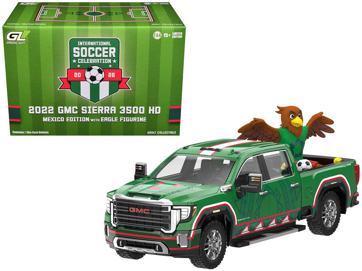 2022 GMC Sierra 3500 HD Pickup Truck Green with Mexican Soccer Graphics with Eagle Figure "International Soccer Celebration '26" Series 1/64 Diecast Model Car by Greenlight LuxuryLifeWay Online Store