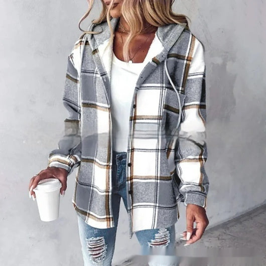 Plaid Hooded Jacket Fashion Casual Button Pocket Coat Autumn And Winter Women's Clothing LuxuryLifeWay Online Store
