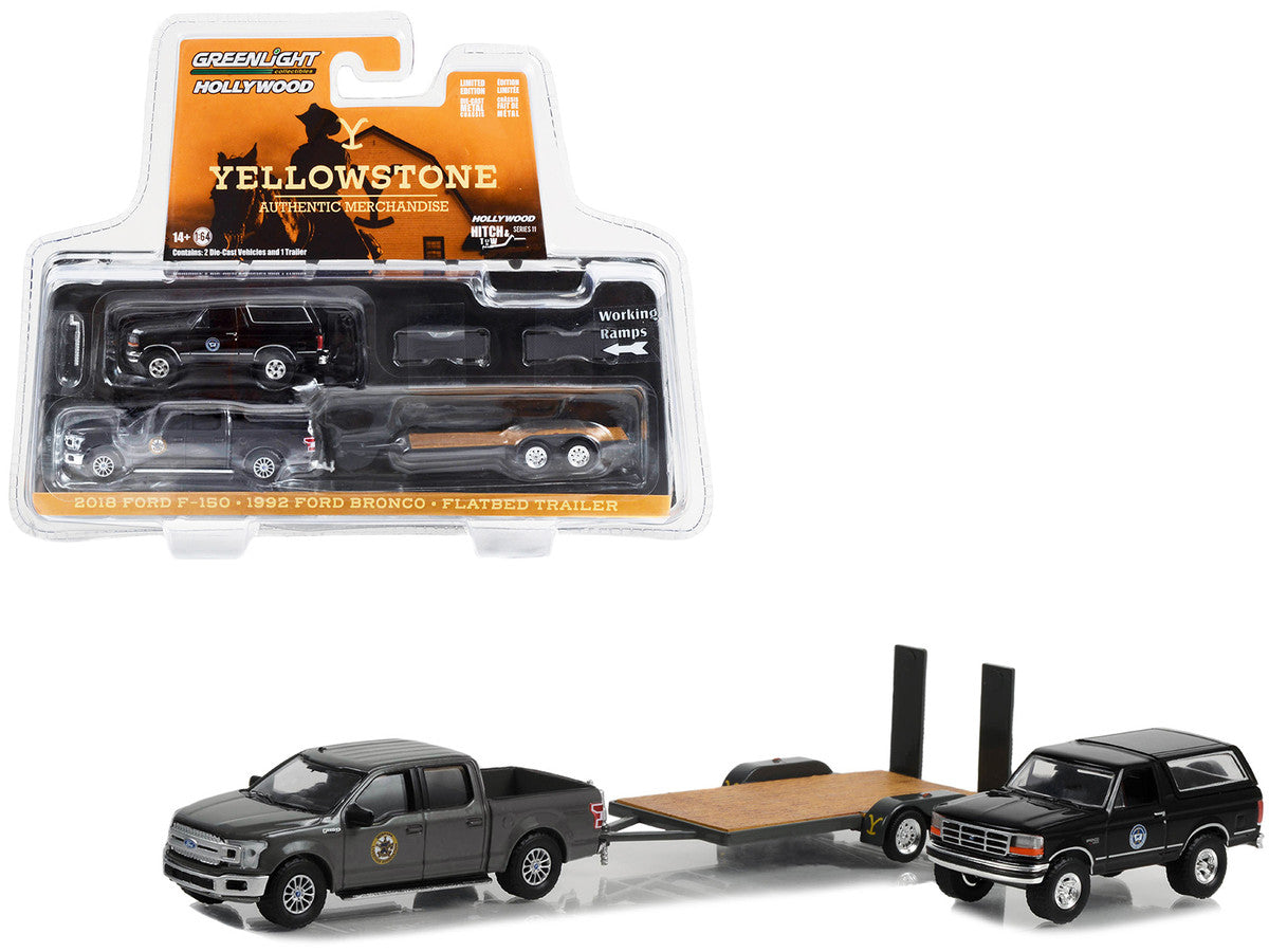 2018 Ford F-150 Pickup Truck Gray with 1992 Ford Bronco "Montana Livestock Association" Black and Flatbed Car Trailer "Yellowstone" (2018-Current) TV Series "Hollywood Hitch & Tow" Series 11 1/64 Diecast Model Cars by Greenlight LuxuryLifeWay Online Store