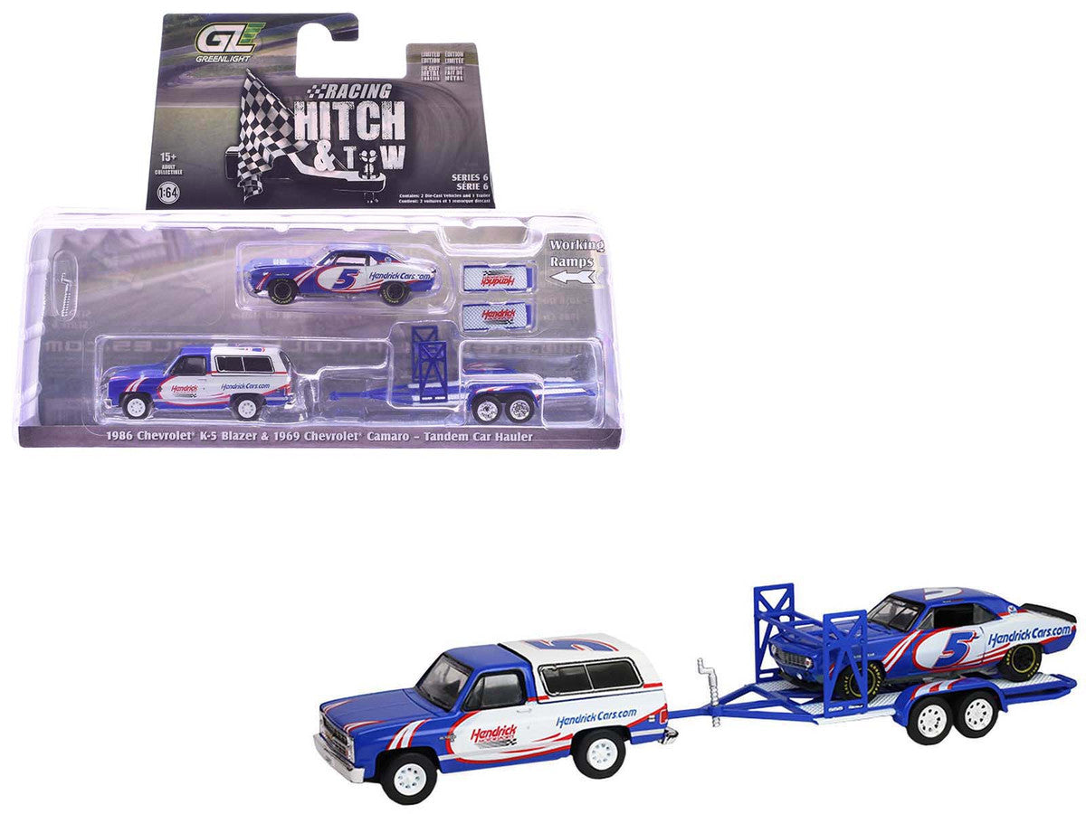 1986 Chevrolet K5 Blazer Blue and White and 1969 Chevrolet Camaro #5 Blue and White "Kyle Larson - Hendrick Motorsports" with Tandem Car Trailer "Racing Hitch & Tow" Series 6 1/64 Diecast Model Cars by Greenlight LuxuryLifeWay Online Store