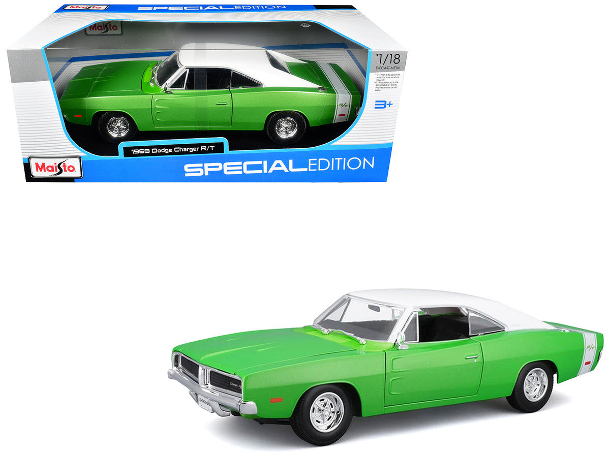 1969 Dodge Charger R/T Green Metallic with White Top and Tail Stripe "Special Edition" Series 1/18 Diecast Model Car by Maisto LuxuryLifeWay Online Store