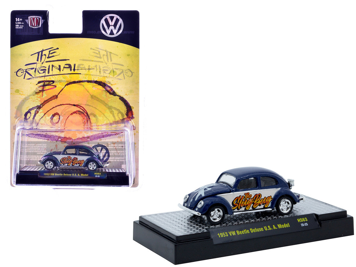 1953 Volkswagen Beetle Deluxe USA Model "The Slug Bug" Blue Metallic with White Sides Limited Edition to 5566 pieces Worldwide 1/64 Diecast Model Car by M2 Machines LuxuryLifeWay Online Store