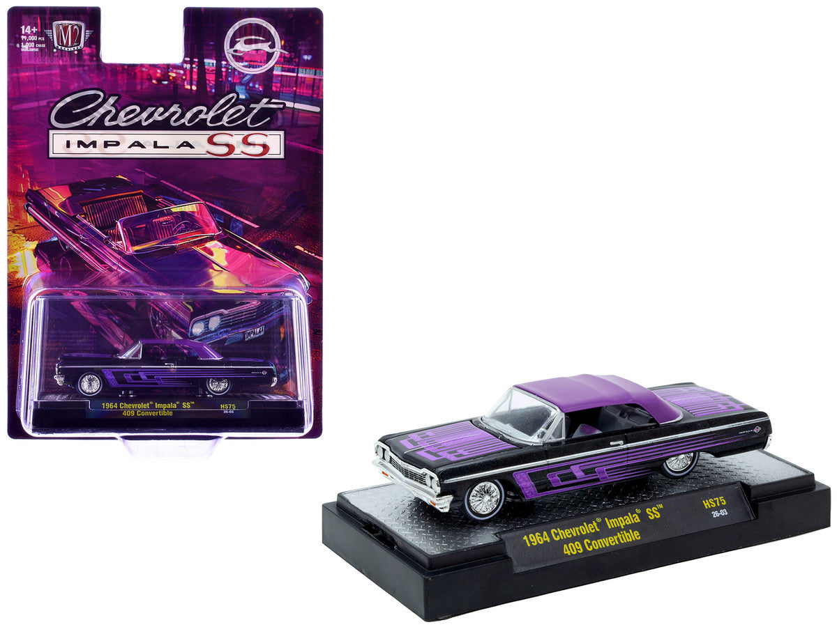 1964 Chevrolet Impala SS 409 Convertible Black Metallic with Purple Graphics and Purple Soft Top Limited Edition to 11000 pieces Worldwide 1/64 Diecast Model Car by M2 Machines LuxuryLifeWay Online Store