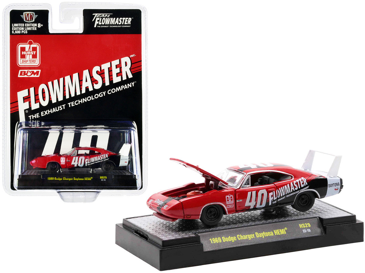 1969 Dodge Charger Daytona HEMI #40 Red with Graphics "Flowmaster" Limited Edition to 6600 pieces Worldwide 1/64 Diecast Model Car by M2 Machines LuxuryLifeWay Online Store