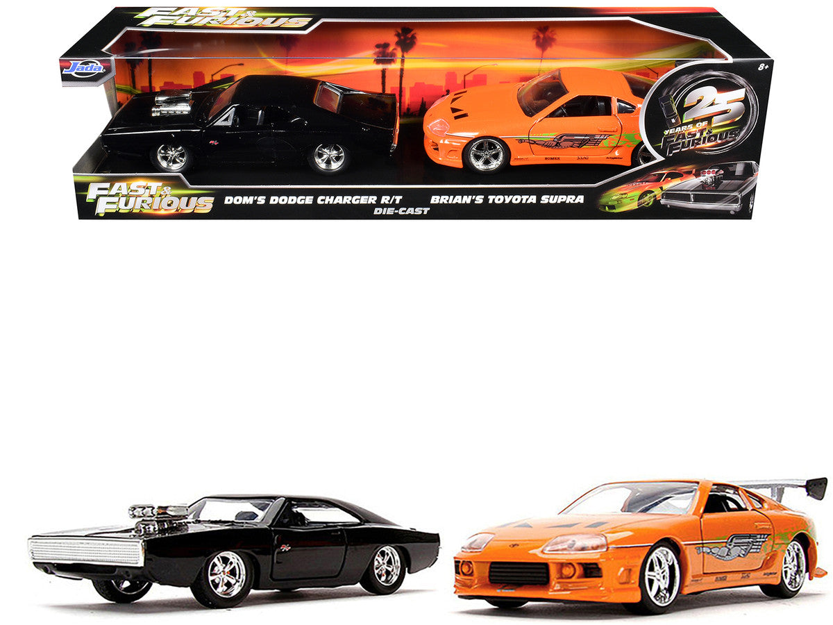 Dom's Dodge Charger R/T Black and Brian's Toyota Supra Orange Set of 2 pieces "25 Years of Fast & Furious" Series 1/32 Diecast Model Cars by Jada LuxuryLifeWay Online Store