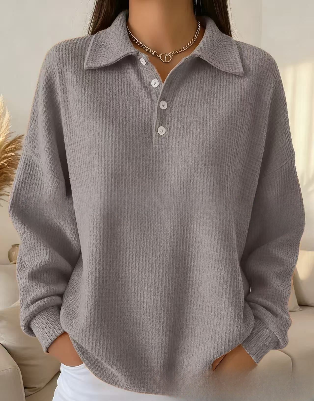 Loose Solid Color Versatile Lapel Polo Shirt Waffle Long Sleeve NorixaFashion.com