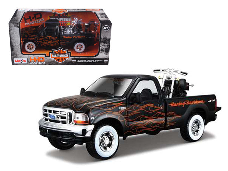 1999 Ford F-350 Super Duty Pickup Black with Flames 1/27 & 2002 Harley Davidson FLSTB Motorcycle Night Train 1/24 Diecast Models by Maisto LuxuryLifeWay Online Store