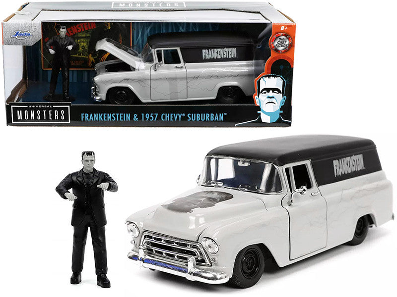 1957 Chevrolet Suburban Gray and Black with Graphics and Frankenstein Diecast Figurine "Universal Monsters" "Hollywood Rides" Series 1/24 Diecast Model Car by Jada LuxuryLifeWay Online Store