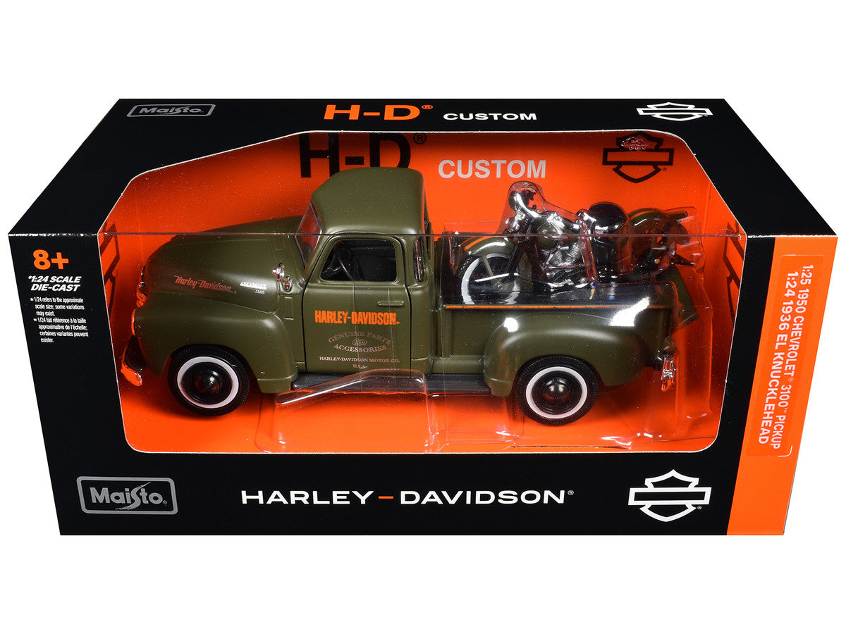 1950 Chevrolet 3100 Pickup Truck "Harley Davidson" Matt Green with 1936 Harley Davidson El Knucklehead Motorcycle Matt Green "HD Custom" Series 1/24 Diecast Model Car by Maisto LuxuryLifeWay Online Store
