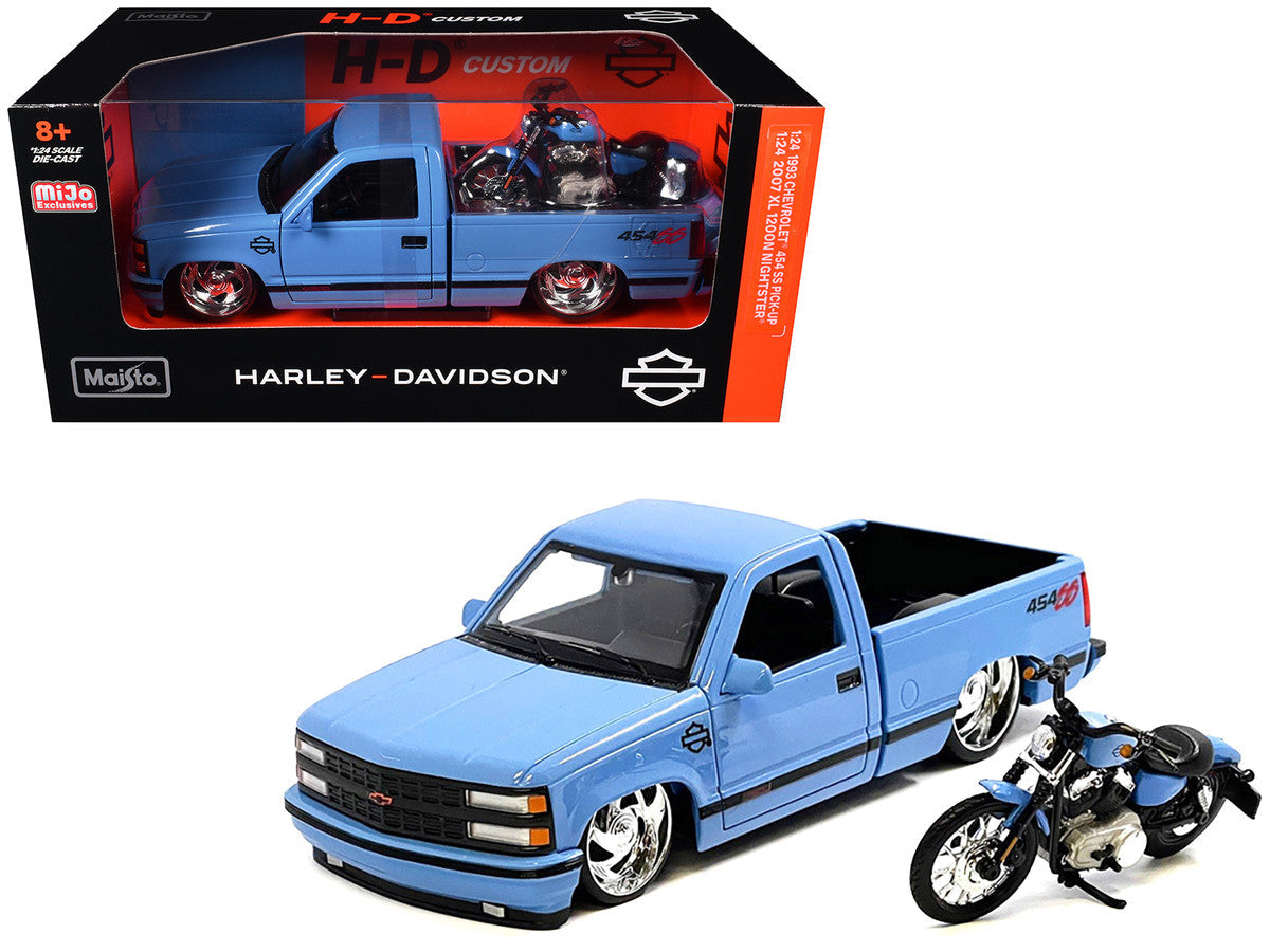 1993 Chevrolet 454 SS Pickup Truck "Harley Davidson" Light Blue and 2007 Harley-Davidson XL 1200N Nightster Motorcycle Light Blue "H-D Custom" Series 1/24 Diecast Model Car by Maisto LuxuryLifeWay Online Store