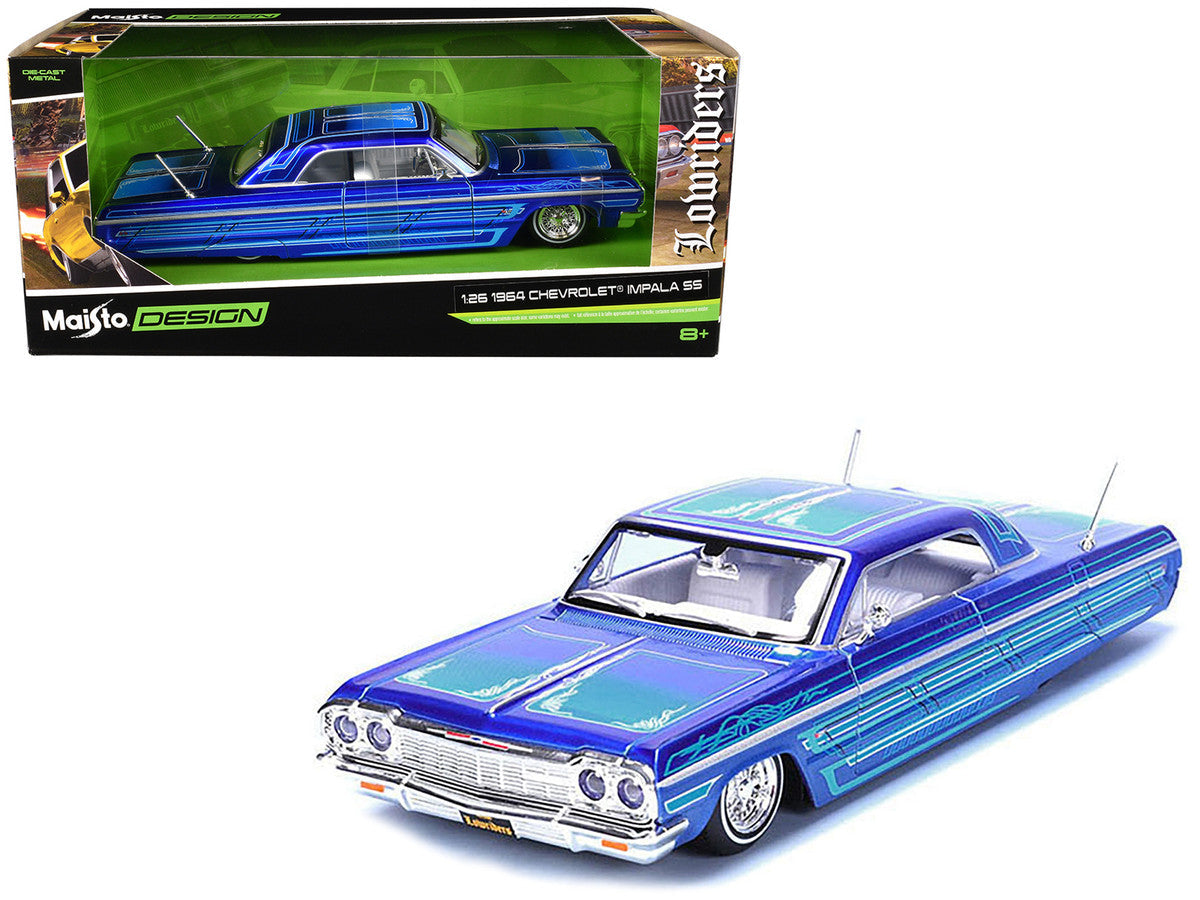 1964 Chevrolet Impala SS Lowrider Candy Blue with Graphics and White Interior "Lowriders" "Maisto Design" Series 1/26 Diecast Model Car by Maisto LuxuryLifeWay Online Store