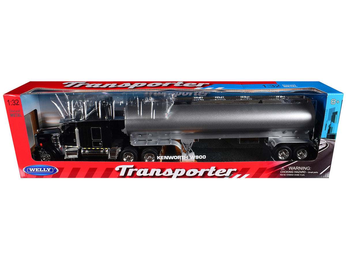 Kenworth W900 Truck Black with Silver Tanker Trailer "Transporter" Series 1/32 Diecast Model by Welly LuxuryLifeWay Online Store