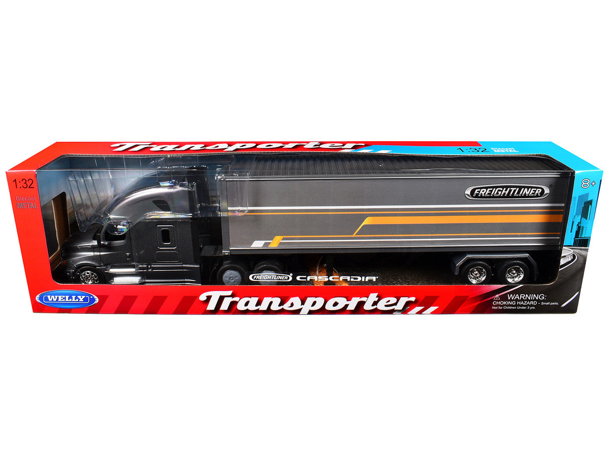 Freightliner Cascadia Truck Gray Metallic with Gray Container with Graphics "Transporter" Series 1/32 Diecast Model by Welly LuxuryLifeWay Online Store