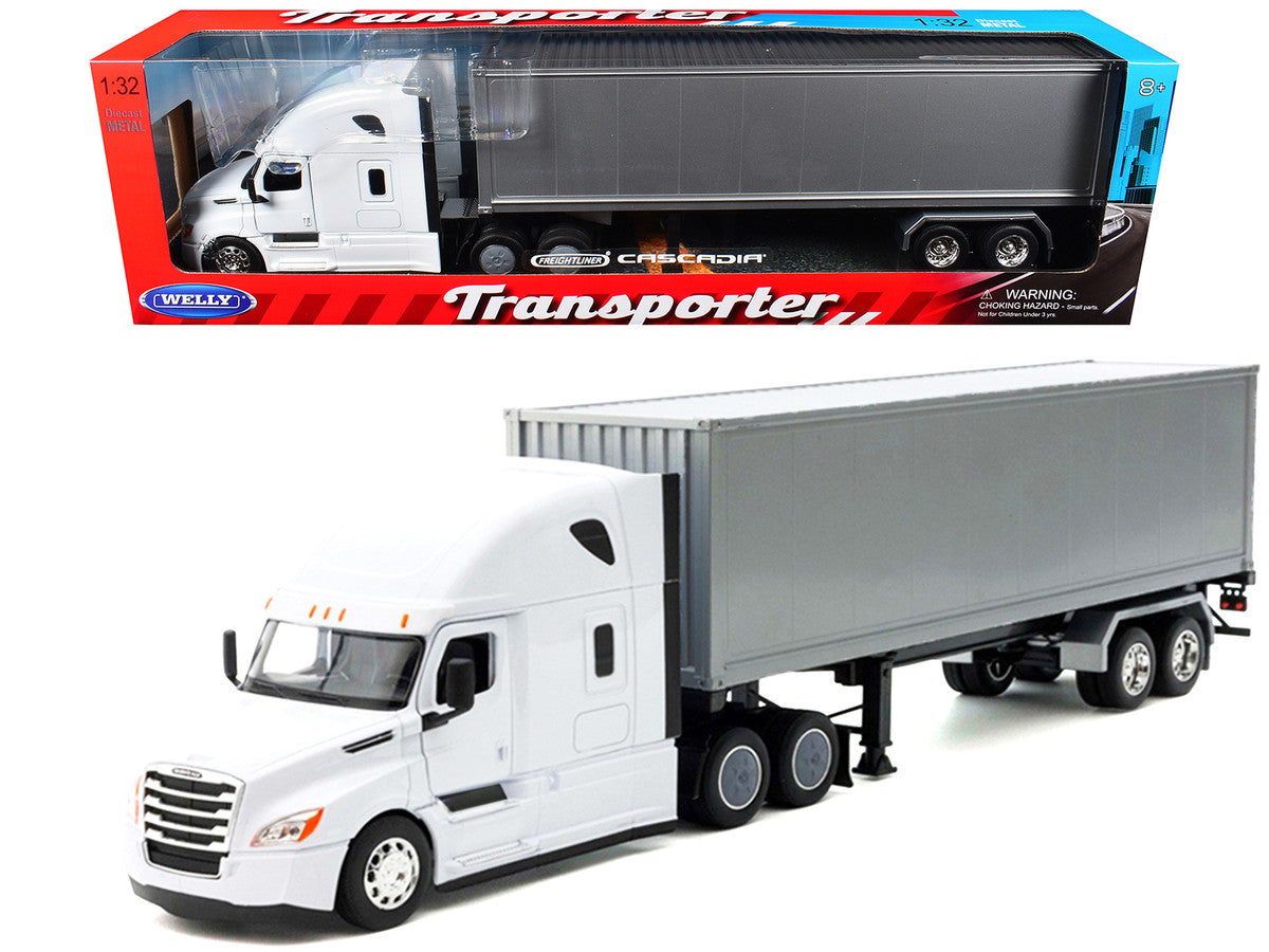 Freightliner Cascadia Truck White with Gray Container "Transporter" Series 1/32 Diecast Model by Welly LuxuryLifeWay Online Store