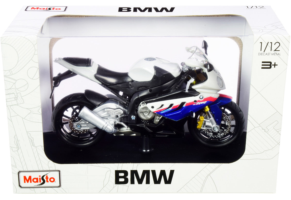 BMW S 1000 RR White with Blue and Red Stripes with Plastic Display Stand 1/12 Diecast Motorcycle Model by Maisto LuxuryLifeWay Online Store